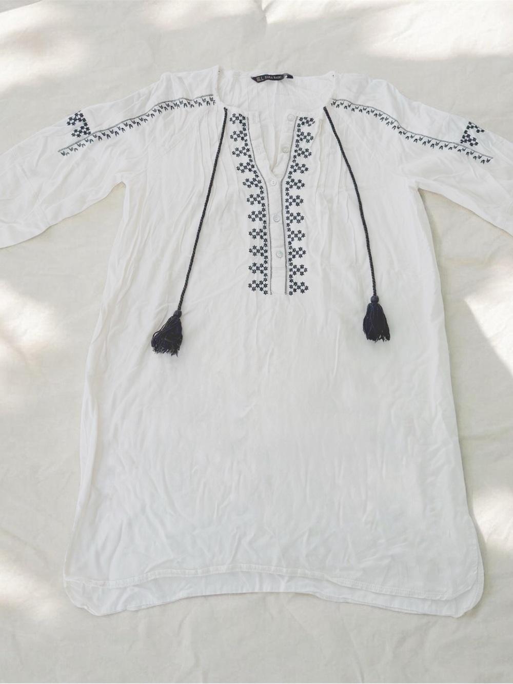 Zara Boho Embroidered Tunic Mini Dress – White/Black, Size Small